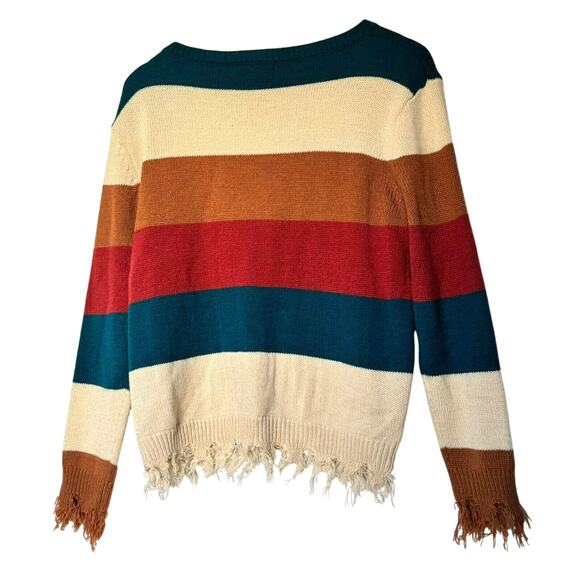 ROCK & ROLL COWGIRL Women Small Cream Red Blue Color block Sweater Fringe Tassel - Picture 3 of 10